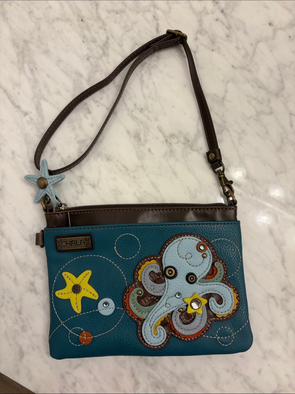 Chala Teal Octopus & Starfish Purse with Brown Strap